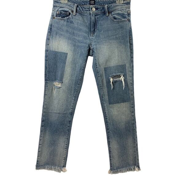GAP Denim - Gap Girlfriend Jeans Womens Size 25 Patches Light Wash Denim Distress Raw Hem